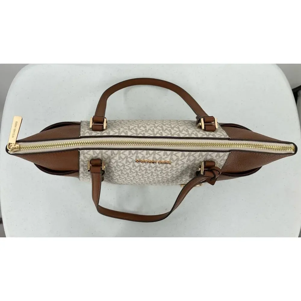 Michael Kors Cream Brown Vanilla Gold Monogram Charlotte Large TZ Tote Bag Purse